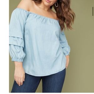 Denim ruched sleeved off the shoulder top
